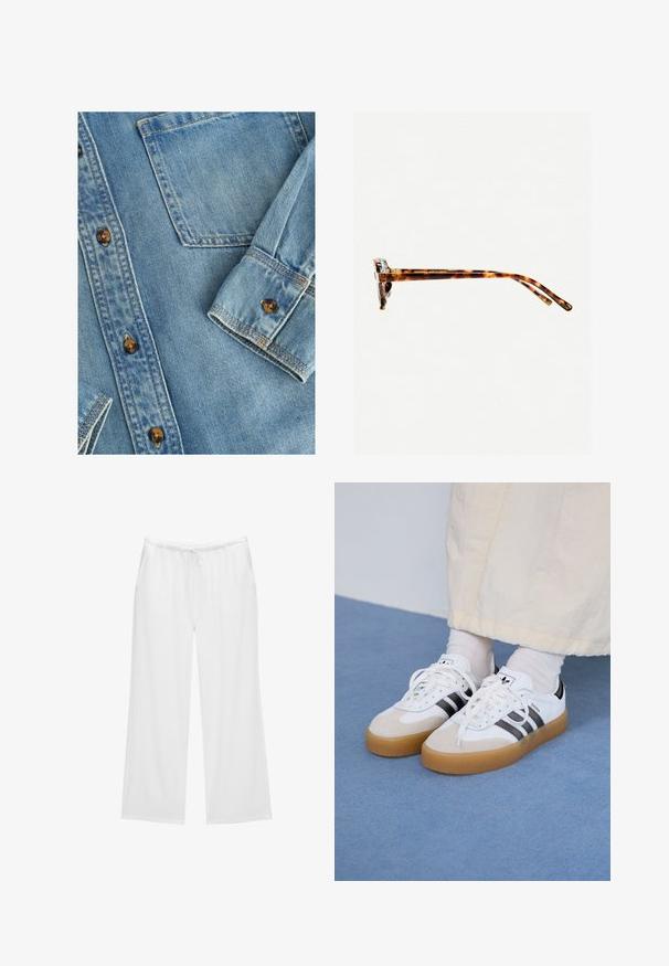 Cămașă din denim bleu deschis, cu un gât cu nasturi, un singur buzunar pe piept și nasturi maro. Țesătura are o textură fină cu o ușoară decolorare.; Pantaloni albi cu picioare largi, confecționați dintr-un material moale, având o talie elastică cu șnur și două buzunare laterale. Design simplu și curat.; Adidași albi cu dungi negre și accente din suede bej. Au talpă din cauciuc texturat și șireturi albe plate, purtați cu șosete de culori deschise.; Ochelari de soare cu ramă de țestoasă, cu un cadru gros, temple ușor curbate și textură netedă. Prezintă un design clasic, cu o finisare lucioasă.