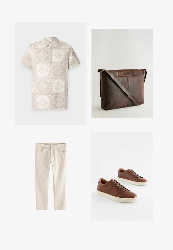 Camicia a maniche corte con bottoni, di colore beige, con un motivo floreale ripetuto. Realizzata in un tessuto leggero con un aspetto naturale e testurizzato.; Jeans slim-fit beige chiaro con gamba dritta, cinque tasche, chiusura con bottone e zip, e cuciture rinforzate lungo le cuciture.; Sneaker in pelle marrone con una trama liscia, suole in gomma bianca e lacci marroni coordinati. Design della punta arrotondata con dettagli di cucitura minimi.; Borsa messenger in pelle marrone con patta testurizzata, dotata di una lunga tracolla regolabile e dettagli di cuciture visibili. Finitura liscia e opaca.