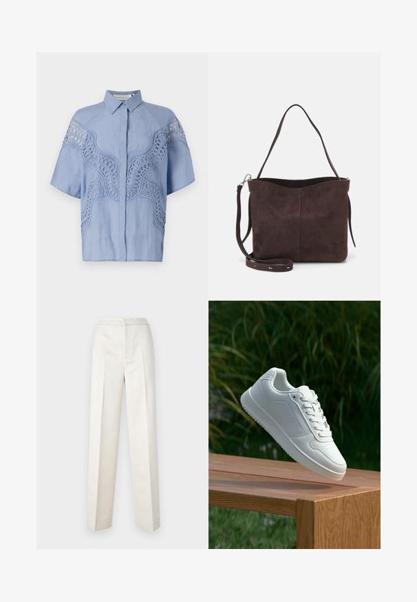 Světle modrá blůza s krátkým rukávem a zapínáním na knoflíky. Obsahuje složité vyšívané vzory a výřezy na ramenou a hrudi.; Krémové kalhoty s přiléhavým střihem, rovné nohavice, hladká tkanina, přední sklady a čistý lem. Minimalistický design.; Bílé tenisky s hladkým syntetickým svrškem, perforovanou špičkou, plochými tkaničkami a texturovanou podrážkou, vystavené na dřevěném povrchu.; Hnědá semišová taška přes rameno s jemnou texturou, vybavená jedním popruhem na rameno a decentním zakřiveným horním otvorem. Žádné viditelné detaily z hardware.
