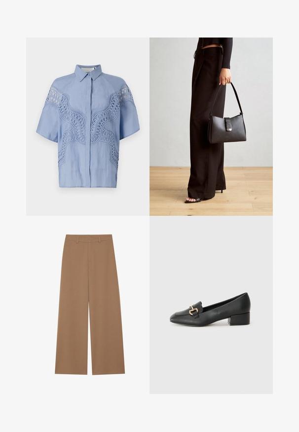 Jasnoniebieska bluzka z krótkim rękawem z guzikami z przodu. Posiada skomplikowany haftowany wzór i wycięcia na ramionach oraz klatce piersiowej.; Szerokie spodnie w jednolitym brązowym kolorze, wykonane z teksturowanej tkaniny; charakteryzują się wysokim stanem i strukturalnym krojem z pętlami na pasek.; Czarne skórzane loafersy z płaskim obcasem, z ozdobnym złotym detalem z przodu i gładką fakturą.; Czarna torebka o usztywnionym kształcie, gładkiej fakturze i metalowym zapięciem. Połączona z szerokimi czarnymi spodniami i sandałami na otwartym palcu na drewnianej podłodze.