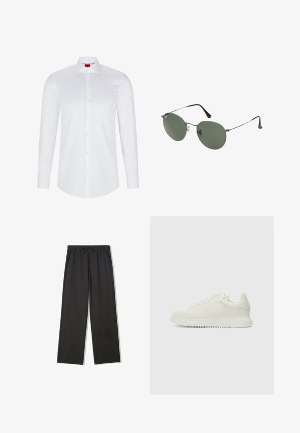 Hvid langærmet skjorte med knaplukning lavet af glat bomuld. Har en klassisk krave, fuld knaplukning og afrundet nederkant.; Sorte bukser med elastisk talje, snørebånd og sidelommer, med en afslappet pasform og lige ben.; Hvide lædersneakers med struktureret overdel, rund tå, flad hvid sål og tonede snørebånd. Subtil branding på tungen.; Metalrammede solbriller med ovale grønne linser. Tynd sølvmetalramme og sorte ørepropper. Minimalistisk design, ingen synlige logoer.