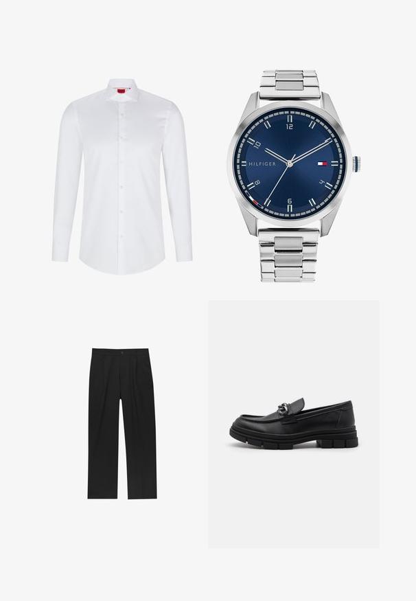 Hvid langærmet skjorte med knaplukning lavet af glat bomuld. Har en klassisk krave, fuld knaplukning og afrundet nederkant.; Sorte bukser med lige ben, lavet af et glat stof. Har frontfolder og en enkelt knaplukning i taljen.; Sort læderloafer med rund tå, en dekorativ rem og hardware, samt en chunky tekstureret sål. Glat finish med subtile detaljer.; Sølvmetal ur med en børstet blå urskive, hvide timemarkører og en datovisning. Har et sammenkædet metalarmbånd og brandlogo.; Sølv kædedyse med tykke led og et centralt cirkulært vedhæng med indviklet detaljering. Glat, reflekterende metaloverflade.
