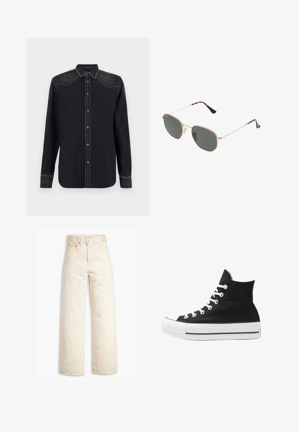 Replay SHIRT - Button-down blouse - black; Beige wide-leg jeans made of cotton denim. Features include a high waist, button closure, and five-pocket design. Smooth, durable texture.; High-top black canvas sneaker with white eyelets, laces, and rubber sole. Features a textured toe cap and black and white stripe accents.; Gold metal-frame sunglasses with dark green lenses, aviator style, featuring slim arms and tortoiseshell accents on the tips.; Black quilted handbag with a gold chain strap, featuring a distinctive gold clasp and a small tag, showcasing a textured leather surface.