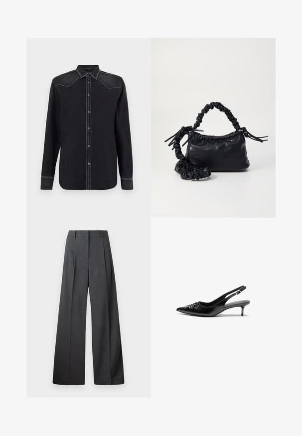 Replay SHIRT - Gombos blúz - black; Széles szárú nadrág sötétszürke anyagból, magas derekú, egyes redőkkel, sima textúrával és tiszta befejezéssel a szegélyeken.; Fekete bőrből készült slingback magassarkú cipők hegyes orral, kis francia sarokkal és díszes csomóval az elején. Az egész felületen sima textúra.; Fekete műbőr kézi táska krokodil bőr textúrával, összehúzható tetejű és gyűrt pánttal. Lágy és kompakt dizájnúnak tűnik.