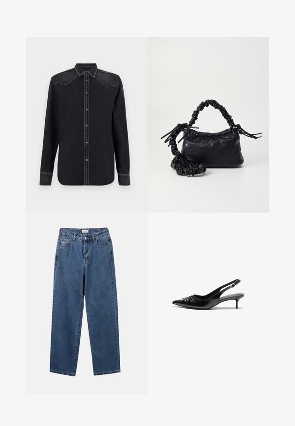 Replay - Bluzka; Klasyczne niebieskie dżinsy o prostym kroju, pięć kieszeni i zapięcie na guzik. Charakteryzują się średnim odcieniem i solidną teksturą.; Czarne skórzane szpilki na ramiączku z ostrym noskiem, małym słupkiem i ozdobnym węzłem z przodu. Gładka faktura na całej powierzchni.; Czarna torebka z syntetycznej skóry o teksturze krokodyla, z zaciąganym górnym zamknięciem i marszczonym paskiem. Wygląda na miękką i zwartą w designie.