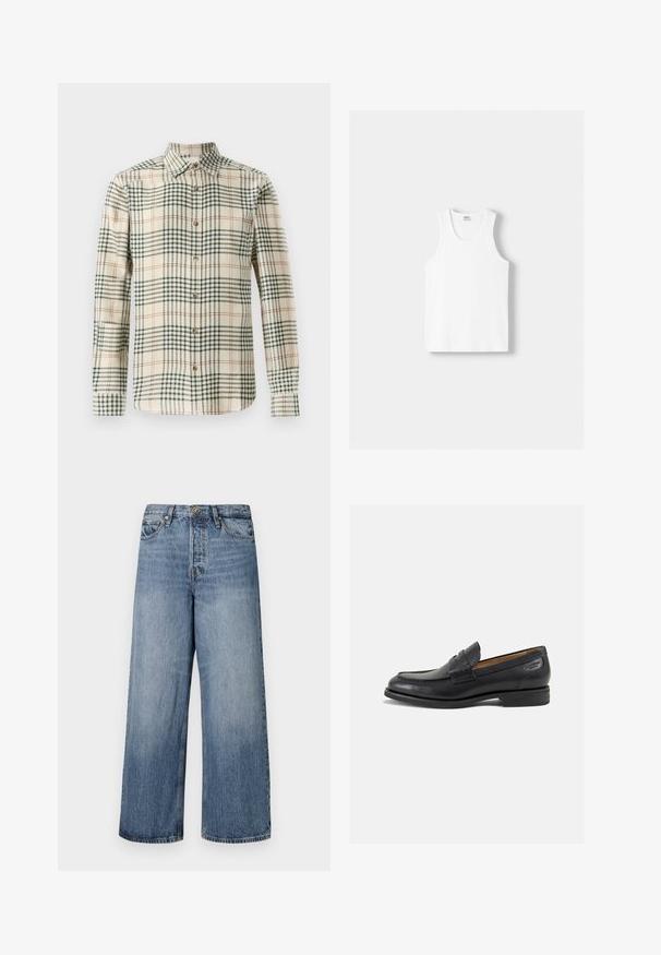 Camicia abbottonata beige con un motivo a quadri verde e arancione. Presenta maniche lunghe e colletto classico. Realizzata in tessuto textured.; Canotta bianca in cotone con scollatura rotonda, spalline larghe e orlo dritto, caratterizzata da una superficie liscia e senza motivi visibili.; Jeans in denim blu a gamba larga con lavaggio sbiadito, design a cinque tasche e chiusura con bottone. Dotati di passanti per cintura e dettagli cuciti.; Mocassini in pelle nera con finitura liscia, punta arrotondata e cuciture decorative sulla tomaia. Tacco basso impilato e leggero lucido.