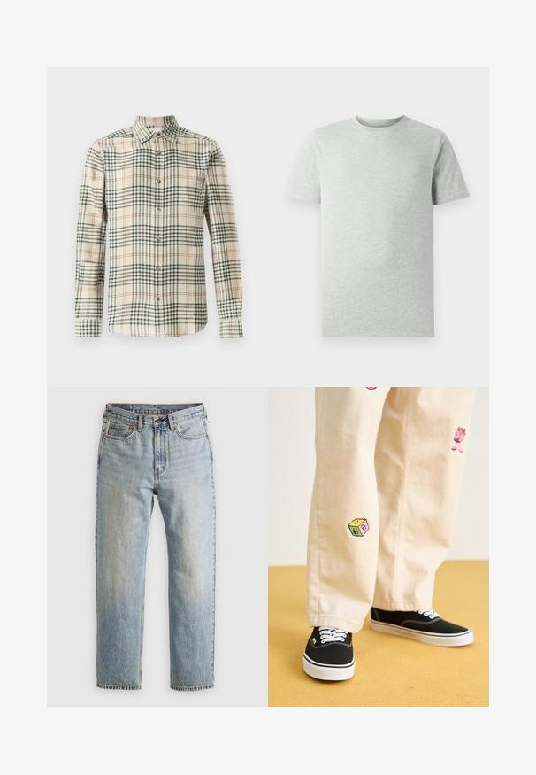 Kreemikattega nööbid-up särk, millel on roheline ja oranž ruuduline muster. Omab pikki varrukaid ja klassikalist kraed. Valmistatud tekstureeritud kangast.; Ühtlane heledahall lühikeste varrukatega ümmarguse kaelusega T-särk, esiplaanil, valge tausta ees, ilma nähtavate logode või kujunditeta.; Heledad hele sinine teksapükste kõrge vöökoht, ees nupuga, lukuga ja viie taskuga disain, asetatud tasasele neutraalsele taustale.; Bežistestased püksid, millel on mängulised tikandid, sealhulgas roosa tegelane ja värvikad plokid, koos mustade nöörkingadega.