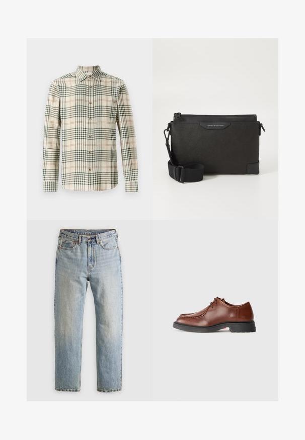Košulja s dugim rukavima u bež boji s kariranim uzorkom u zelenoj i narančastoj boji. Ima klasičan ovratnik. Izrađena je od teksturiranog materijala.; Svijetloplave traperice visoki struk, prednji gumb, zatvarač i dizajn s pet džepova, položene ravno na neutralnoj pozadini.; Smeđe kožne cipele za svečane prilike s okruglim vrhom, kontrastnim šavovima, vezanjem i teksturiranom crnom gumenom podlogom.; Crna kožna tašna preko tijela s teksturiranom površinom, sa zatvaranjem na munju i podesivim remenom. Logotip na prednjoj strani. Pravokutnog oblika.