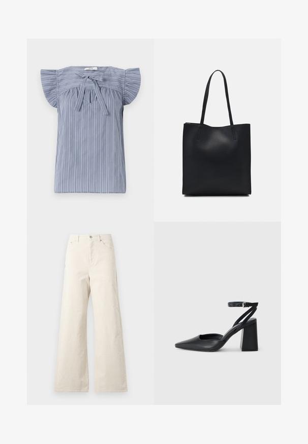 Light blue striped blouse with cap sleeves, designed with a tie at the neckline, featuring a textured fabric and a relaxed fit.; Beige wide-leg pants made of cotton, featuring a front button closure, side pockets, and a smooth texture. Minimalistic design with no patterns.; Black leather pointy-toe pump with an ankle strap and a chunky heel. Flat texture, sleek design, and minimalistic aesthetics.; Black leather tote bag with smooth texture, rectangular shape, and two long handles. No visible hardware or embellishments.