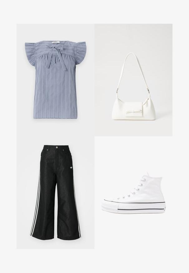 Light blue striped blouse with cap sleeves, designed with a tie at the neckline, featuring a textured fabric and a relaxed fit.; Black wide-leg denim pants with three white stripe accents on each side and a small white logo. Features front pockets and a button closure.; White high-top canvas sneaker with black rubber sole, front rubber toe cap, and six eyelets for laces, featuring a clean, minimalist design.; White synthetic handbag with a triangular shape, flat front flap and bow detail, adjustable strap, smooth texture, and minimalistic design.