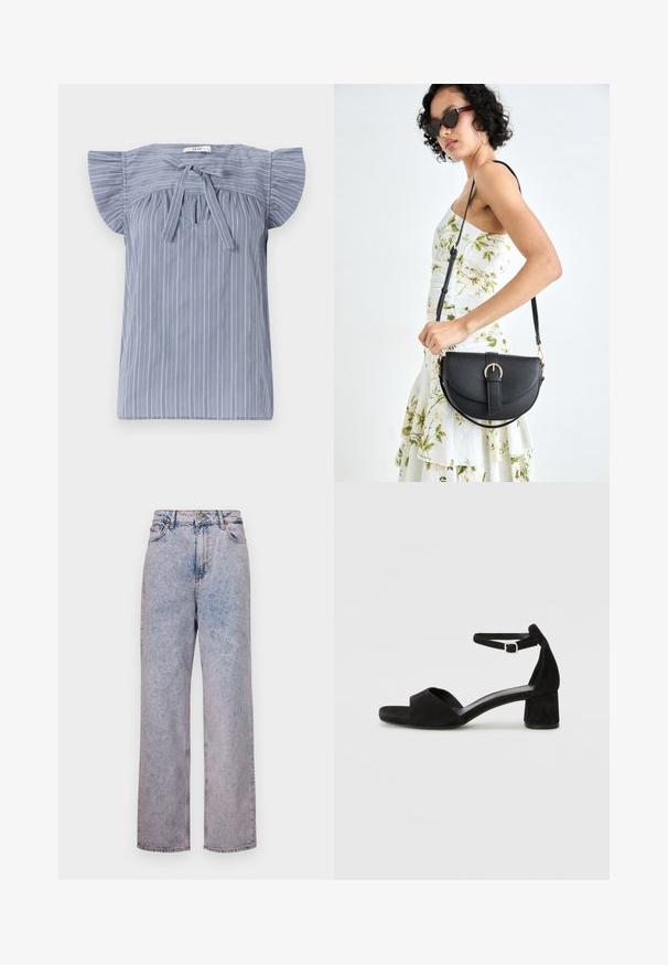 Hellbluse mit Streifen und kurzen Ärmeln, gestaltet mit einer Krawatte am Ausschnitt, aus strukturiertem Stoff und mit lockerer Passform.; Hellblaue Jeans aus Denim mit einem entspannten, geraden Schnitt, hoher Taille, fünf Taschen und bronzenen Knopfdetails.; Schwarze Wildleder-Espadrilles mit einem dünnen Knöchelriemen, offener Zehenpartie und moderatem Blockabsatz. Glatte Textur und minimale Akzente.; Schwarze Lederhandtasche mit geschwungener Form, abnehmbarem Tragegurt und goldenen Beschlägen. Die Tasche verfügt über einen Deckel mit einer Schnallen-Details.