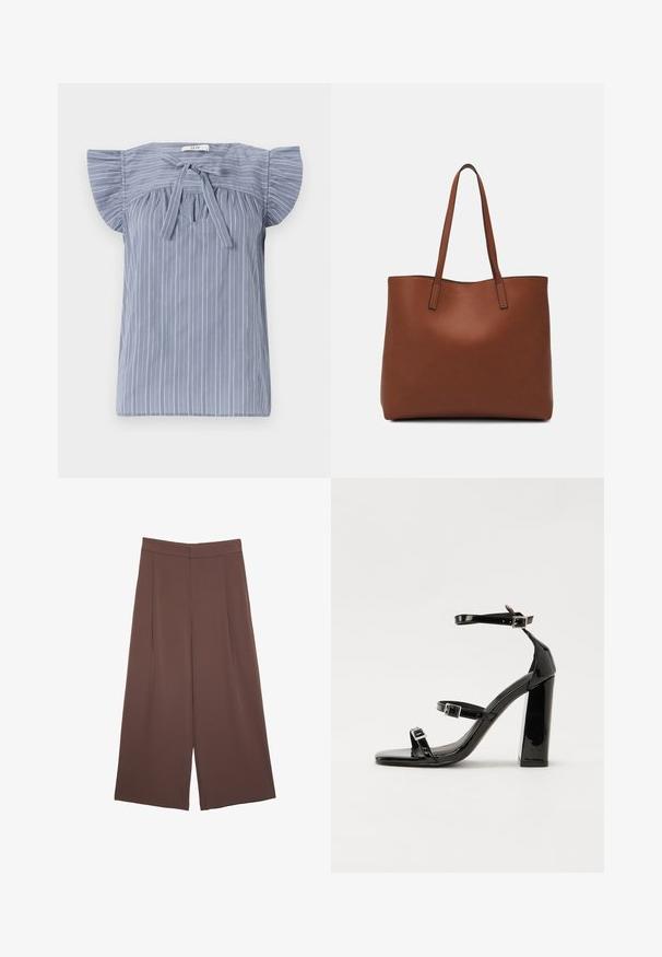 Svijetloplava prugasta bluzica s kratkim rukavima, dizajnirana s vezicom na izrezu, koja ima teksturiranu tkaninu i ležeran kroj.; Smeđe hlače širokog kroja s glatkom teksturom, koje imaju visok struk i nabore sprijeda. Tkanina je lagana i slobodno se kreće.; Crne lakirane sandale na pete sa kvadratnim nosom, trakama oko gležnja i srebrnim kopčama. Imaju čvrst blok petu za stabilnost.; Smeđa kožna torba preko ramena s glatkom teksturom, otvorenim vrhom i dvjema naramenicama. Ima minimalne šavove i nema vidljivog hardvera.