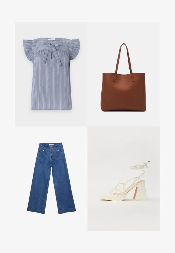 Svetlo modra srajca z črtami in kratkimi rokavi, zasnovana s trakom pri vratu, iz teksturirane tkanine in sproščenega kroja.; Jeans širokih nogavic iz denima z medenim modrim pranjem, dvema sprednjima žepoma z gumbnimi zaprtji in šivanjem ob robovih.; Bela sandala na visokih petah s debelim petam, ki ima obliko trakcev in vezanje okoli gležnja. Gladka tekstura z platformo spredaj za dodatno višino.; Rjava usnjena torba z gladko teksturo, odprto zasnovo zgoraj in dvema naramnima trakovoma. Opremljena je z minimalnim šivanjem in brez vidnih kovinskih delov.