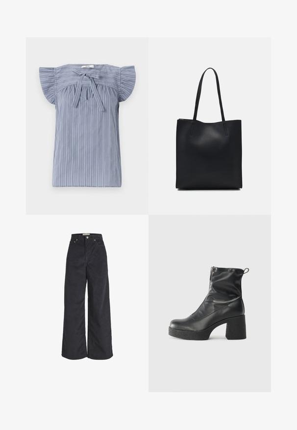 Gaiši zila svītrainā blūze ar kapu piedurknēm, veidota ar saišu pie apkakles, ar teksturētu audumu un brīvu piegriezumu.; Melnas korduroja platās kājas bikses ar augstu jostasvietu, priekšējo pogu aizdari un divām sānu kabatām. Mīksta tekstūra un taisna silueta.; Melni potītes zābaki, kas izgatavoti no gludas ādas, ar sānu rāvējslēdzēju, masīvu strukturētu papēdi un noapaļotu purngalu.; Melnas ādas somiņa ar gludu tekstūru, taisnstūra formu un divām garām rokturiem. Nav redzamu aparatūras vai rotājumu.