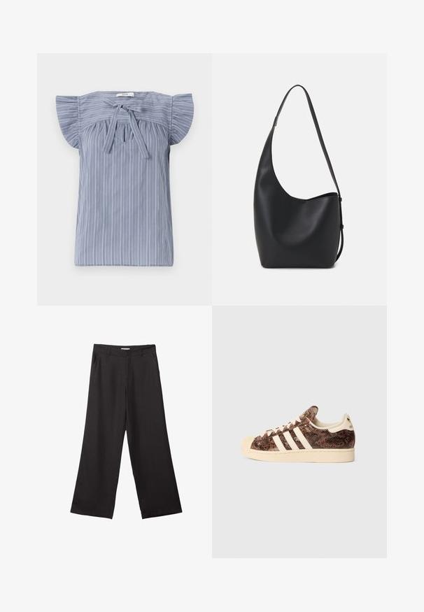 Jasnoniebieska bluzka w paski z krótkimi rękawkami, zaprojektowana z wiązaniem przy dekolcie, wykonana z teksturowanej tkaniny i o luźnym kroju.; Czarne spodnie z szerokimi nogawkami, wykonane z gładkiego materiału, z przednim zamkiem błyskawicznym i dwoma bocznymi kieszeniami, o dopasowanym kroju i minimalistycznym wzornictwie.; Brązowe sneakersy w wężowy wzór z białymi paskami i kremowymi akcentami. Posiadają okrągły nos, teksturowaną cholewkę oraz miękką podszewkę wewnętrzną.; Czarna skórzana torba hobo o gładkiej fakturze, zaokrąglonym kształcie i pojedynczym, regulowanym pasku; posiada szerokie otwarcie na górze.