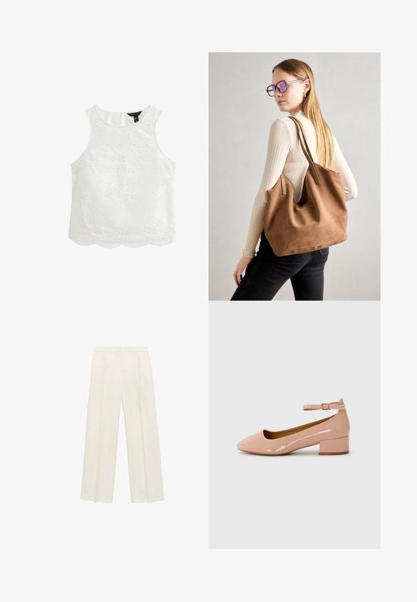 Vit ärmlös topp med broderi i blommor, vågig nederkant och nyckelhål bak. Tillverkad av lätt tyg med texturerade mönster.; Breda byxor i en ljus krämfärg. Tillverkade av ett mjukt tyg med veck fram och sidofickor.; Ljusrosa lackskinnsdanna med rund tå, ankelrem och låg blockklack. Slät textur och minimalistisk design.; Brun mocka toteväska med mjuk textur, stor öppning och långa axelremmar. Har en enkel design med synliga sömmar och ingen hårdvara.