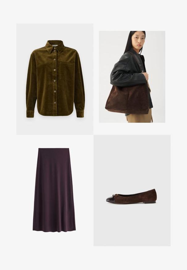 Kordhemd in dunklem Olivgrün, mit Kragen, frontalen Knöpfen und einer linken Brusttasche. Texturiert mit vertikalen Streifen.; Lila Rock aus glattem Stoff, mit einer A-Linie Silhouette und einem knielangen Saum, ohne sichtbare Muster oder Verschlüsse.; Braune Wildleder-Balletschuhe mit einer glänzenden dunkelbraunen Lackleder-Zehenkappe und einem kleinen Schleifenakzent vorne. Flacher Absatz.; Braune Wildleder-Tasche mit breiter Form und weicher Textur, ausgestattet mit einem einzigen Tragegurt und minimalem Zubehör vor einem neutralen Hintergrund.