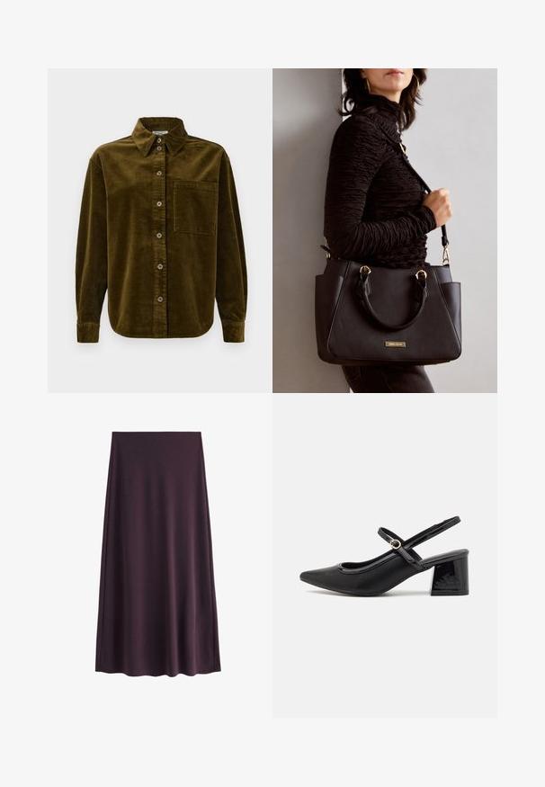 Korčulanska košulja u tamno maslinastoj boji, s ovratnikom, prednjim dugmadi i džepom na lijevoj strani prsiju. Tekstura s vertikalnim trakama.; Ljubičasta suknja od glatkog materijala, s A-linijom siluetom i krojem do koljena, bez vidljivih uzoraka ili kopčanja.; Crne lakirane slingback visoke potpetice s šiljastim vrhom, zaobljenim izrezom i blok potpeticom. Sadrži akcent zlatnog tona s kopčom.; Crna torba s teksturiranom površinom, dvostrukim gornjim ručkama i podesivom remenom za rame. Ima zlatne metalne detalje i bočne džepove.