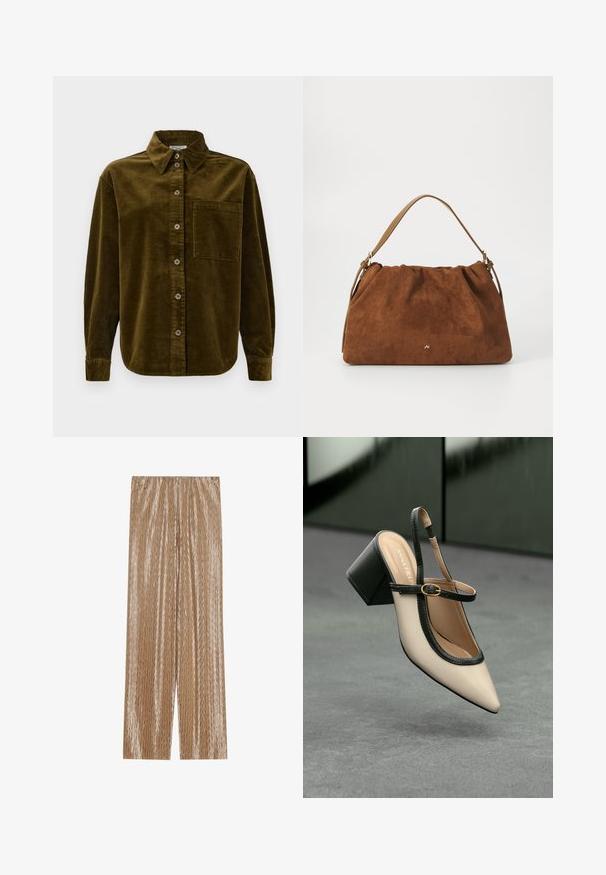 Chemise en velours côtelé vert olive foncé, avec un col, des boutons sur le devant et une poche sur la poitrine gauche. Texturée avec des rayures verticales.; Pantalons plissés beige clair en tissu brillant, arborant un motif en zigzag texturé et une taille élastique pour le confort.; Chaussure beige à talons hauts avec bride arrière, bout pointu, bordure noire et détail boucle. Matériau lisse à finition mate, talon moyen épais.; Sac à main en daim marron avec un design plissé, arborant une seule sangle en cuir beige et un discret logo doré à l'avant.