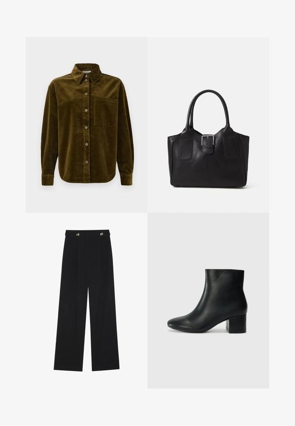 Hladký kordový košeľový top v tmavo olivovej farbe, s golierom, predným zapínaním na gombíky a ľavým vreckom na hrudi. S textúrou vertikálnych pruhov.; Čierne široké nohavice s vysokým pásom, so zapínaním na gombíky na páse a prednými sklady.; Čierne kožené členkové čižmy s špicatou špičkou a hrubým podpätkom. Hladká textúra s minimálnymi akcentmi a elegantným, priliehavým dizajnom.; Čierna kožená taška s hladkou textúrou, štruktúrovaným tvarom, dvoma uchami a výrazným strieborným prackovým detailom na prednej strane.
