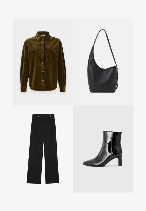 Kordtrøje i mørk olivengrøn med krave, forreste knapper og en lomme på venstre bryst. Struktureret med lodrette striber.; Sorte vide bukser med høj talje, knapdetaljer på taljebåndet og frontfald.; Sort lakeret ankelstøvle med spids tå og en midt-højde blokhæl. Glat tekstur og minimalistisk design.; Sort læder hobo taske med en glat overflade, buet form og en enkelt justerbar rem; har en bred åbning øverst.