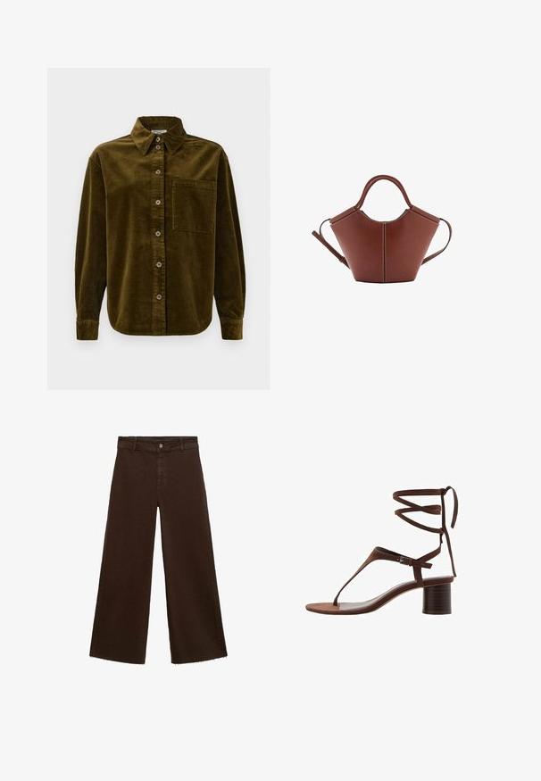 Camicia in corduroy di un verde oliva scuro, con collo a camicia, bottoni frontali e taschino sul lato sinistro del petto. Texturizzata con righe verticali.; Pantaloni larghi marroni in misto cotone, caratterizzati da orlo sfrangiato, chiusura frontale con bottone e classico design a cinque tasche. Minimalisti e versatili.; Sandalo alto in suede marrone con una fascia triangolare sulla punta, lacci alla caviglia e un tacco a blocco texture per maggiore stabilità.; Borsa a mano in pelle marrone con forma conica, manici robusti e cuciture bianche a contrasto. Presenta una tracolla removibile per una maggiore versatilità.