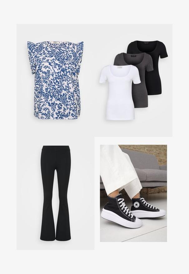 Blúzka s krátkym rukávom z bielej textílie so modrým kvetinovým vzorom, s gombíkovou légou a volánikovými detailmi na ramenách. Ľahká a priedušná.; Tričko v bielej, šedej a čiernej farbe s priliehavým strihom. Každé má široký výstrih a krátke rukávy. Vyrobené z hladkej, elastickej tkaniny.; Čierne rozšírené nohavice vyrobené z elastického materiálu, s vysokým pásom a hladkou textúrou. Nohavice sa rozširujú od kolena.; Čierne plátkové tenisky s vysokým strihom a bielymi gumovými podrážkami a šnúrkami. Majú okrúhly logotyp na boku a kontrastné biele stehy.