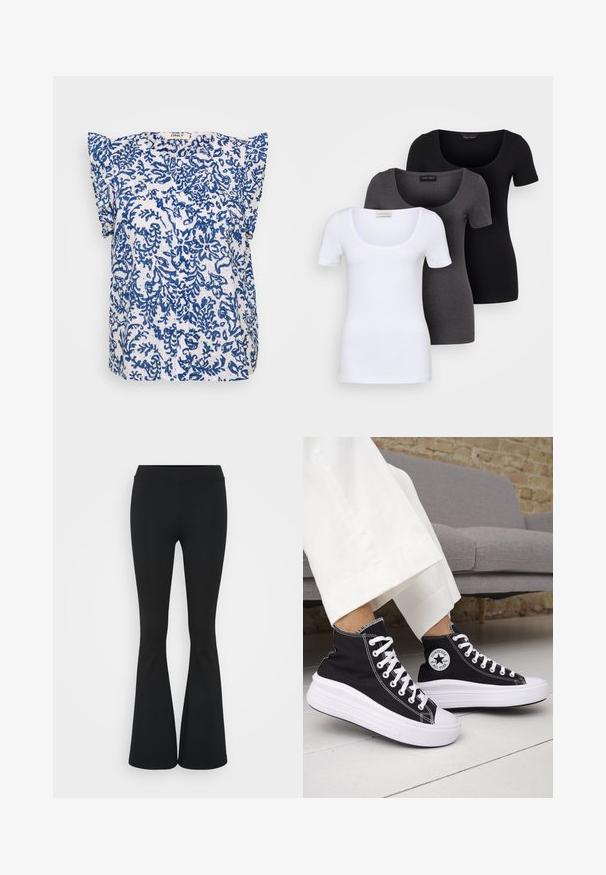 Kratek rokav bluzo iz belega blaga z modrim cvetličnim vzorcem, gumbi in nabranimi rameni. Lahka in zračna.; Tri prilegla majica v beli, sivi in črni barvi. Vsaka ima širok izrez na vratu in kratke rokave. Narejene so iz gladkega, raztegljivega materiala.; Črne hlače s širokimi hlačnicami, izdelane iz raztegljive tkanine, z visokim pasom in gladko teksturo. Hlače se širijo od kolena navzdol.; Črni visoki supergi z belimi gumijastimi podplati in vezalkami. Na njih je okrogel logotip in kontrastno belo šivanje. Iz blaga platna.