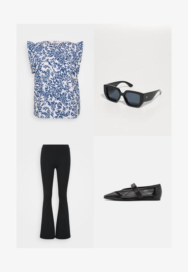 Trumpas rankovėmis baltas palaidinė, puošta mėlynais gėlių raštais, su sagų užsegimu ir raukiniais ant pečių. Lengva ir orui pralaidi.; Juodai platėjantys kelnių, pagamintų iš tamprių medžiagų, kurie turi aukštą juosmenį ir lygią tekstūrą. Kelnės platėja nuo kelio.; Juoda plokščia avalynė su smailiu pirštu, tinklelio šoninėmis panelėmis ir dirželiu su sagtimi. Švelnus apdailos paviršius ant piršto ir kulno dalių.; Juodos didelės saulės akinių su geometriniu raštu, stačiakampiais objektyvais ir blizgiu paviršiumi. Nėra matomo prekės ženklo priekyje.