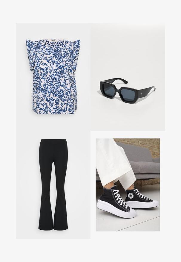 Blusa a maniche corte in tessuto bianco con motivo floreale blu, apertura con bottoni e spalle con ruches. Leggera e traspirante.; Pantaloni neri a zampa d'elefante realizzati in tessuto elasticizzato, con una vita alta e una superficie liscia. I pantaloni si allargano a partire dal ginocchio.; Sneaker alte nere in tela con suole e lacci bianchi. Presentano un logo circolare sul lato e cuciture bianche a contrasto.; Occhiali da sole neri oversize con un design geometrico, lenti rettangolari e finitura lucida. Nessun marchio visibile nella parte anteriore.