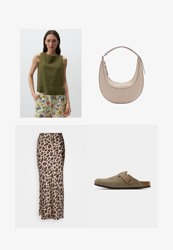 Oliwkowy top bez rękawów z fakturowanej tkaniny, z okrągłym dekoltem i lekko luźnym krojem, w połączeniu z kolorowymi spodniami w kwiatowy wzór.; Spódnica midi w cętki z gładkiego satynowego materiału. Posiada dopasowany krój z delikatnym rozcięciem na dole, co umożliwia swobodne poruszanie się. W neutralnych odcieniach beżu i brązu.; Brązowe chodaki o gładkim, matowym wykończeniu. Posiadają wyraźną mosiężną klamrę z boku. Korkowa wkładka i gumowa podeszwa dla wygody.; Beżowa skórzana torba na ramię o kształcie półksiężyca, gładkiej fakturze i pojedynczym zakrzywionym uchwycie. Posiada zamek błyskawiczny oraz staranne przeszycia.