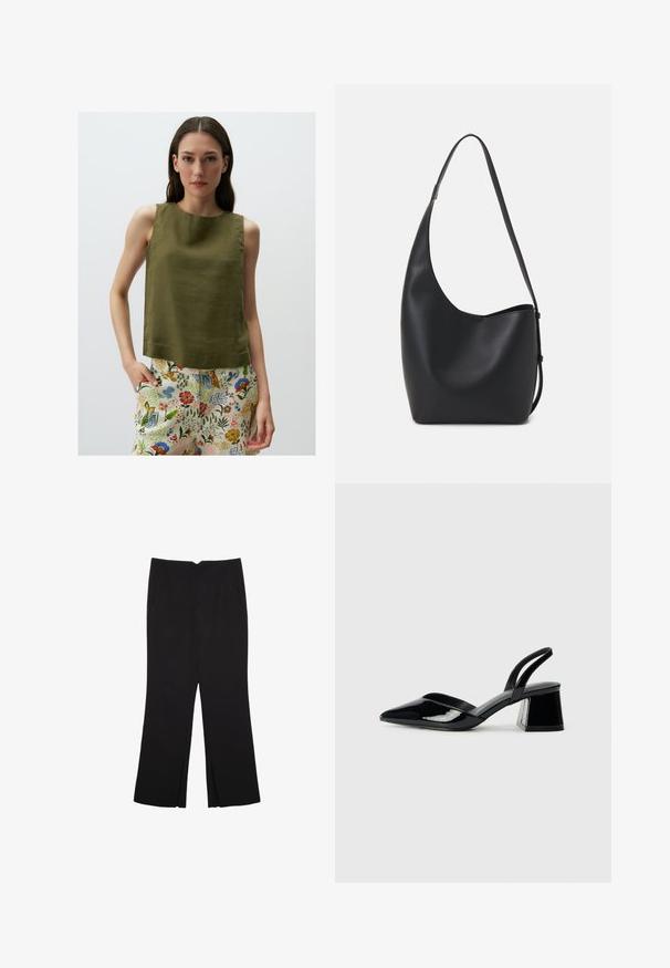 Oliwkowy top bez rękawów z fakturowanej tkaniny, z okrągłym dekoltem i lekko luźnym krojem, w połączeniu z kolorowymi spodniami w kwiatowy wzór.; Czarne spodnie o prostym kroju, z przednimi kieszeniami i bocznymi rozcięciami na dole. Wykonane z miękkiego, gładkiego materiału. Odpowiednie na różne okazje.; Czarne lakierowane półbuty na obcasie z wydłużonym noskiem i geometrycznym słupkiem. Charakteryzują się eleganckim, minimalistycznym designem oraz gładką fakturą.; Czarna skórzana torba hobo o gładkiej fakturze, zaokrąglonym kształcie i pojedynczym, regulowanym pasku; posiada szerokie otwarcie na górze.