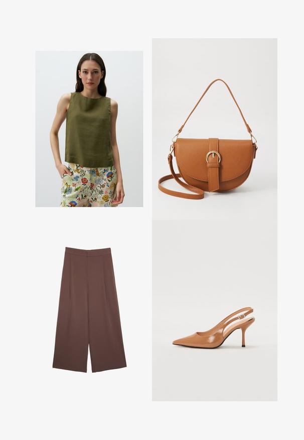 Olivgrünes ärmelloses Top aus einem strukturierten Stoff, mit rundem Ausschnitt und lockerem Schnitt, kombiniert mit bunten, blumengemusterten Hosen.; Braune Weite-Leg-Hosen mit einer glatten Textur, hoher Taille und Vorderfalten. Der Stoff ist leicht und fällt locker.; Spitz zulaufender Slingback-Absatz aus einem glatten, glänzenden, tanfarbenen Material. Mit einem geschwungenen Ausschnitt-Design und einem schlanken Stiletto-Absatz. Silberne Schnallendetails.; Braune Leder-Crossbody-Tasche mit geschwungener Form, goldfarbenen Beschlägen und einer Schnallenakzentuierung. Verfügt über einen abnehmbaren Schultergurt.