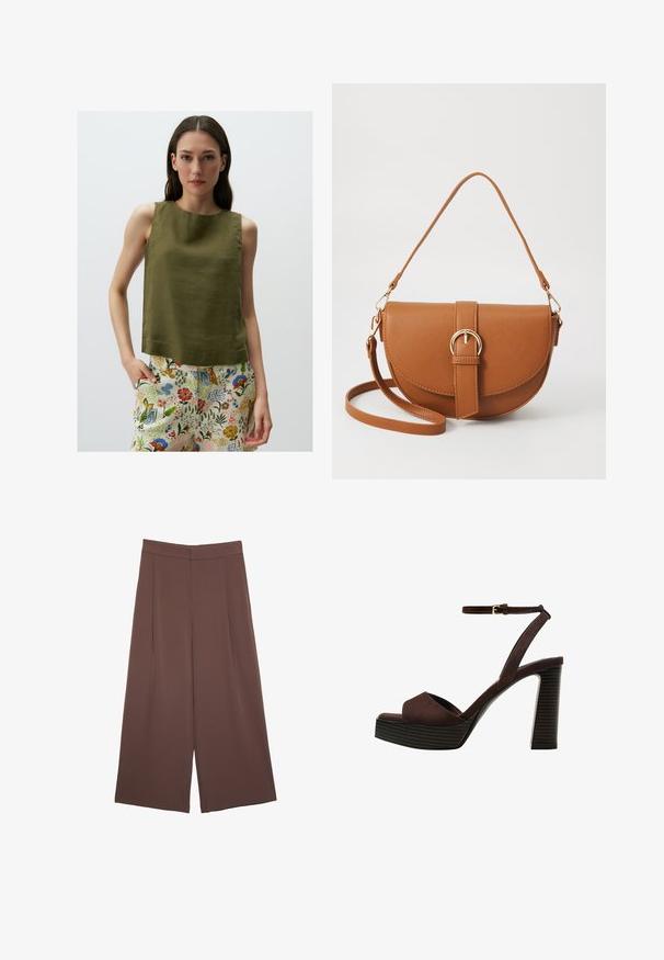 Olive green sleeveless top in a textured fabric, featuring a round neckline and slightly loose fit, paired with colorful floral-patterned bottoms.; Brown wide-leg trousers with a smooth texture, featuring a high waist and front pleats. The fabric is lightweight and flows loosely.; Brown suede high-heeled sandal with an open toe, adjustable ankle strap, and a striped platform sole.; Brown leather crossbody bag with a curved shape, gold hardware, and a buckle accent. Features a detachable shoulder strap.