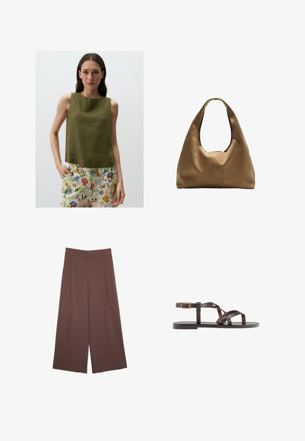 Top senza maniche verde oliva in un tessuto testurizzato, con scollatura rotonda e vestibilità leggermente larga, abbinato a pantaloni con motivo floreale colorato.; Pantaloni ampi marroni con una texture liscia, caratterizzati da una vita alta e pieghe frontali. Il tessuto è leggero e scorre liberamente.; Sandal in pelle marrone con cinturini incrociati, chiusura con cinturino alla caviglia e suola piatta con dettagli di cucitura minimi.; Borsa a spalla in tessuto marrone con un corpo ampio e arrotondato e una grande maniglia a taglio. Texture morbida, design minimalista e senza hardware visibile.
