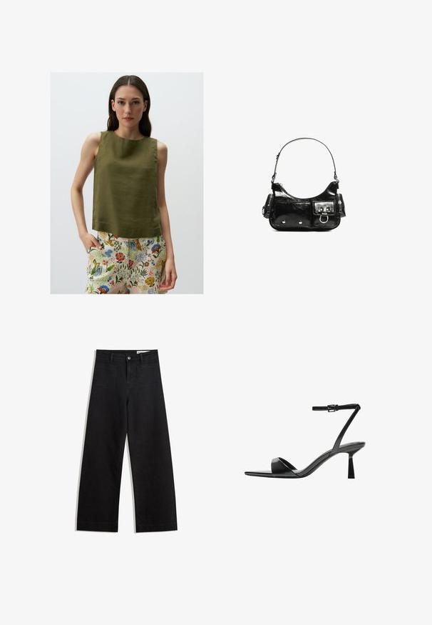 Oliwkowy top bez rękawów z fakturowanej tkaniny, z okrągłym dekoltem i lekko luźnym krojem, w połączeniu z kolorowymi spodniami w kwiatowy wzór.; Czarne dżinsowe spodnie o szerokich nogawkach i wysokim stanie, z przednimi i tylnymi kieszeniami, przeszyciami oraz zapięciem na guziki. Gładka struktura.; Bershka - Sandały na obcasie; Czarna torebka z lakierowanej skóry o zaokrąglonym kształcie, z jednym paskiem na ramię, przednimi kieszeniami i akcentami w kolorze srebrnym.