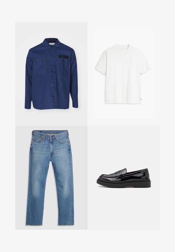 Tamsiai mėlynas džinsinis marškinis su ilgomis rankovėmis, smailiu apykakle, dviem krūtinės kišenėmis ir juodu logotipo ženkleliu viršutiniame kairiajame šone.; Balta medvilninė marškinė su trumpomis rankovėmis, apvaliu kaklu ir subtiliu Levi's logotipu viduryje. Minkšta tekstūra ir standartinė išvaizda.; Mėlyni tiesaus silueto džinsiniai kelnių su priekinėmis sagomis ir užtrauktuku, diržo kilpos ir penkių kišenių dizainas ant balto fono.; Juodi patentiniai odiniai loafersai su apvaliu nosiu, dekoratyvia juostele ir storu juodu guminio pado. Lygus blizgus paviršius su minimaliu siuvimu.
