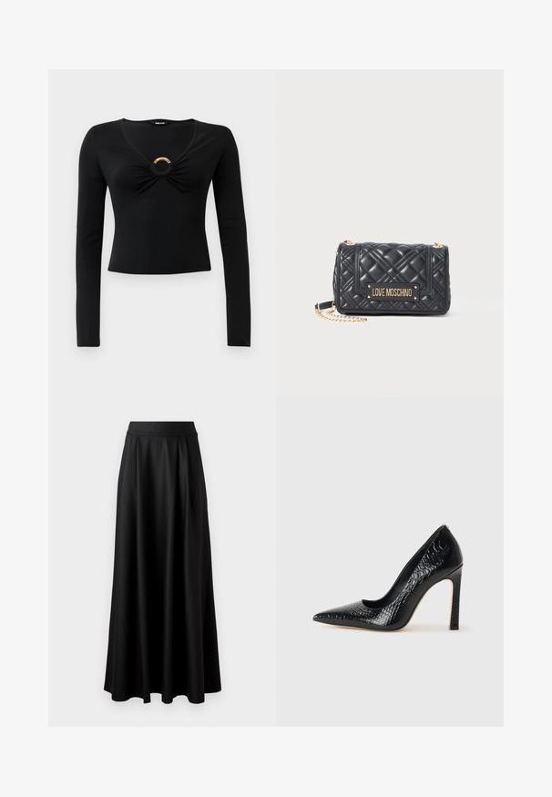 Juodas ilgomis rankovėmis viršus su V formos iškirpte, turintis susiraukšlėjusius audinius krūtinės srityje ir apvalų metalinį akcentą centre. Minkšta, elastinga medžiaga.; Juodas ilgomis rankovėmis bodis su giliu V formos iškirpimu, sluoksniuota volanų dizainu per krūtinę ir platėjančiomis rankovėmis. Lygus, tamprus audinys.; Juoda, iki žemės tiesi sijonas su lygiu paviršiumi, plačiu juosmeniu ir pūtimo dizainu, be matomų raštų ar puošmenų.; Juoda smailiakulnė aukšto kulno bateliai su krokodilo odos tekstūra, pasižymintys elegantišku dizainu, aukštu stiletu kulnu ir lygia juoda vidine dalimi.; Juoda siūta Love Moschino rankinė su auksine grandine ir auksiniu prekės ženklo plakatu ant priekinių durelių.