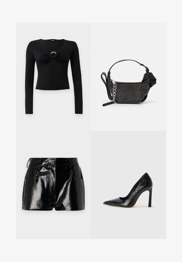 Schwarzes Langarmoberteil mit V-Ausschnitt, das gerafften Stoff am Dekolleté und einen runden metallischen Akzent in der Mitte aufweist. Weiches, dehnbares Material.; Schwarze, glänzende Shorts aus synthetischem Material. Mit einem taillierten Bund, Gürtelschlaufen und vorderen Taschen mit auffälligen Nähdetails.; Schwarzer, spitz zulaufender High Heel mit Krokodilleder-Struktur, elegantem Design, hohem Stiletto-Absatz und glattem schwarzen Innenraum.; Schwarze Handtasche mit texturiertem Design, verziert mit silbernen Nieten und einem klobigen silbernen Kettenriemen. Besitzt eine elegante, minimalistische Form.