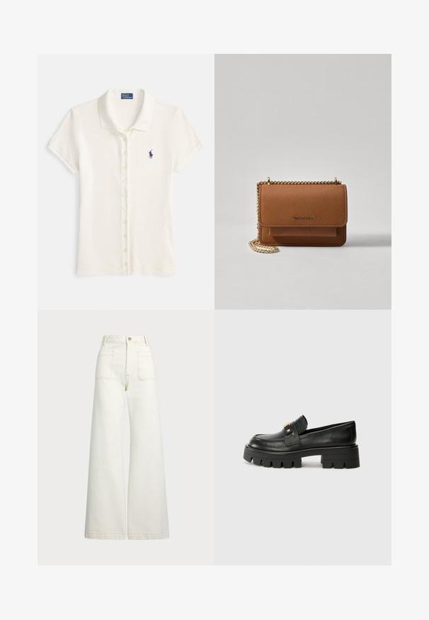 Polo de algodão off-white com mangas curtas, gola e pala de botões. Apresenta um pequeno logótipo azul-marinho no peito.; Jeans de perna larga em denim off-white. Design de cintura alta com fecho de botão, dois bolsos frontais e detalhes de costura em contraste.; Mocassins de couro preto com uma sola robusta, apresentando um detalhe em tom dourado na parte da frente e um acabamento suave. Design de solado com cravos robustos.; Bolsa crossbody de couro texturizado castanho com alça de corrente dourada e fecho com aba. A parte da frente apresenta detalhe do logótipo e um bolso sob a aba.