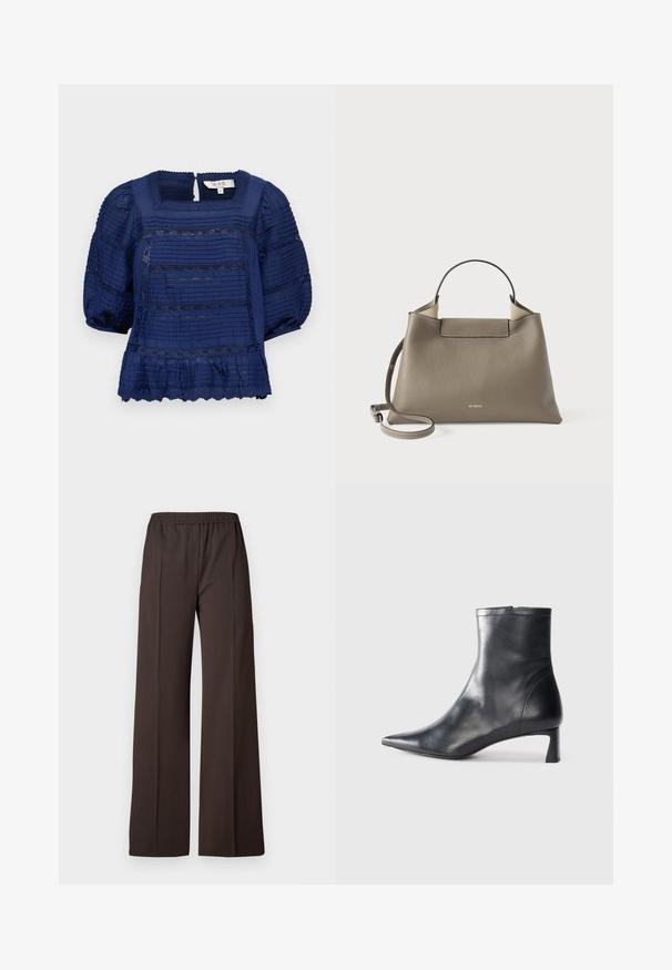 Sea ANTONINA PUFF SLEEVED - Blúzka - navy; Široké nohavice v tmavohnedej látke s elastickým pásom, s hladkou štruktúrou a čistými líniami pre upravený vzhľad.; Čierne kožené členkové topánky s špicatou špičkou a elegantným dizajnom. Majú nízky podpätok a zips na zadnej strane. Hladká textúra.; Textúrovaná sivá kožená kabelka s horným držadlom a nastaviteľným ramenným popruhom, s minimalistickým dizajnom a jemným logom embosovaným na prednej strane.