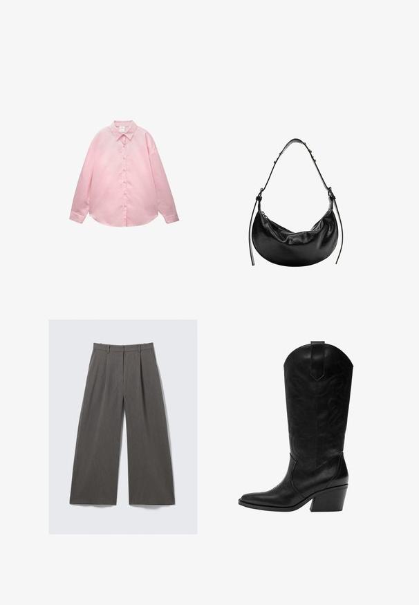Lys pink langærmet skjorte med knaplukning og tynde hvide lodrette striber samt spids krave, lagt fladt på en hvid baggrund.; Grå stribede bredbenede bukser med bæltestropper og stikninger, præsenteret fladt mod en hvid baggrund.; Sort læder cowboystøvle med spids tå, dekorativ syning, mellemhøj skrå blokhæl og trækstrop på skaftet.; Sort læder håndtaske med en halvmåneform, glat overflade og justerbar rem, prydet med subtile hardwaredetaljer. Lynlåslukning synlig.