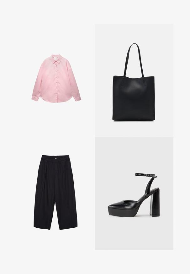 Svetlo roza srajca z dolgimi rokavi in gumbom, tanekimi belimi vertikalnimi črtami in ostrim ovratnikom, razporejena na beli podlagi.; Črne poliesterske culotte hlače z elastičnim pasom, dvema sprednjima nabiranjema in ohlapnim krojem. Brez vidnih vzorcev ali kovinskih detajlov.; Črne platforme z visokimi petami in koničastim nosom ter nastavljivim gležnjenjskim trakom. Narejene iz gladke usnje, s kockasto peto.; Črna usnjena torba s svilnato teksturo, pravokotne oblike in dvema dolgima ročajema. Brez vidnih metalnih delov ali okrasnih elementov.