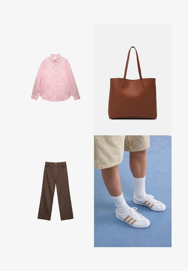 Camicia a maniche lunghe di un rosa chiaro con strisce verticali bianche sottili e colletto a punta, posata su uno sfondo bianco.; Jeans a gamba larga marroni in denim, con vita alta, tasche anteriori e chiusura a bottone classica. Tessuto liscio con cuciture sottili.; Sneaker bianche con tre strisce dorate, design con lacci, suola in gomma, indossate con calze bianche a coste e pantaloni beige su una superficie blu.; Borsa tote in pelle marrone con texture liscia, design con apertura superiore e due spallacci. Presenta cuciture minime e nessun hardware visibile.