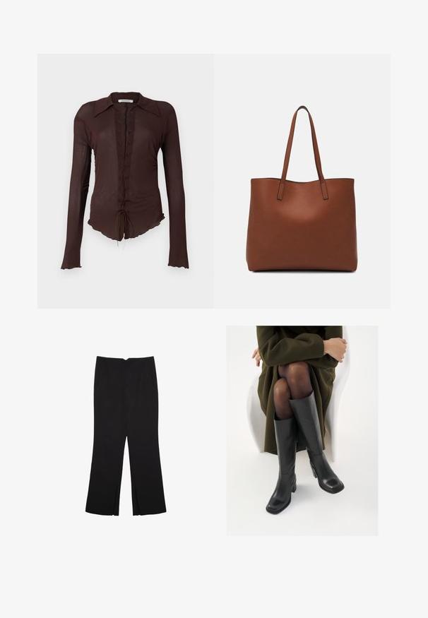 Brązowa bluzka z długim rękawem, z przodem wiązanym na koronki, kołnierzykiem punktowym i falowanym dołem. Wykonana z lekkiego, lekko przezroczystego materiału.; Czarne spodnie o prostym kroju, z przednimi kieszeniami i bocznymi rozcięciami na dole. Wykonane z miękkiego, gładkiego materiału. Odpowiednie na różne okazje.; Kozaki skórzane do kolan w kolorze czarnym, z kwadratowym noskiem i słupkowym obcasem, pokazane na modelce siedzącej w oliwkowej zielonej kurtce. Gładka tekstura, minimalne detale.; Brązowa skórzana torba tote o gładkiej fakturze, z otwartym wierzchem i dwoma ramiączkami. Charakteryzuje się minimalnym przeszyciem i brakiem widocznych elementów metalowych.
