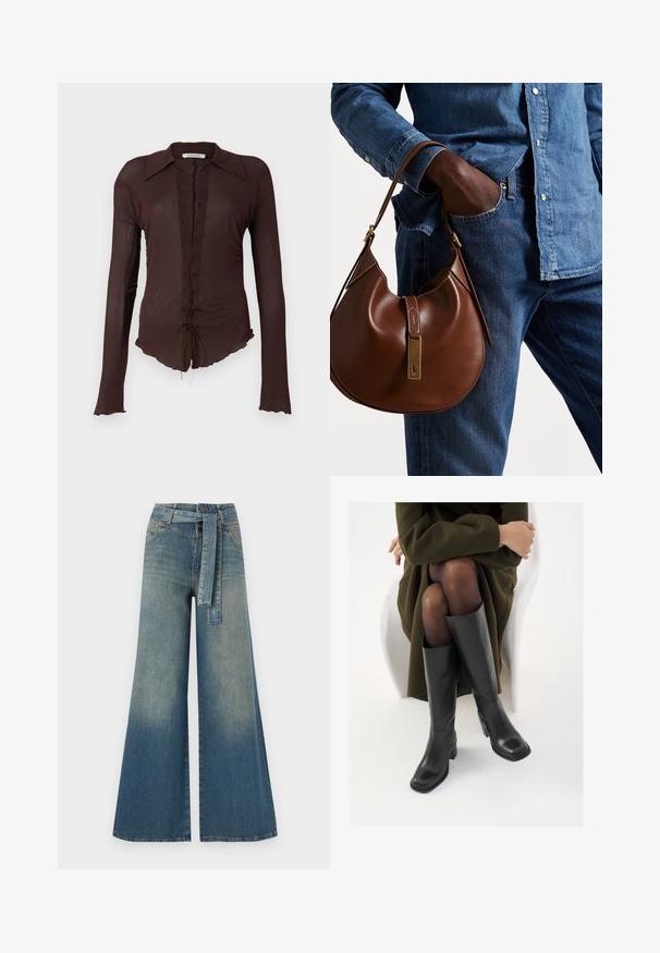 Pruun pikkade varrukatega pluus, millel on lükatav esiosa, terav krae ja laineline alläär. Valmistatud kerge ja veidi läbipaistva materjali välimusest.; Laiad denimpüksid, millel on hele tume sinine gradiendiefekt, kõrge vöökoht, vöökumlid ja sobivast kangast vöö. Struktureeritud denimi viimistlus.; Knee-high mustad nahast saapad nelinurkse varbaga ja plokilise kontsaga, esitatud mudeli kõrval, kes istub oliivirohelises mantlis. Sujuv tekstuur, minimaalne detailide arv.; Pruun nahast hobo kott ümmarguse kujuga, millel on kuldne metallist detail ja kontrastne õmblus. Koos teksapitsi ja teksastega.