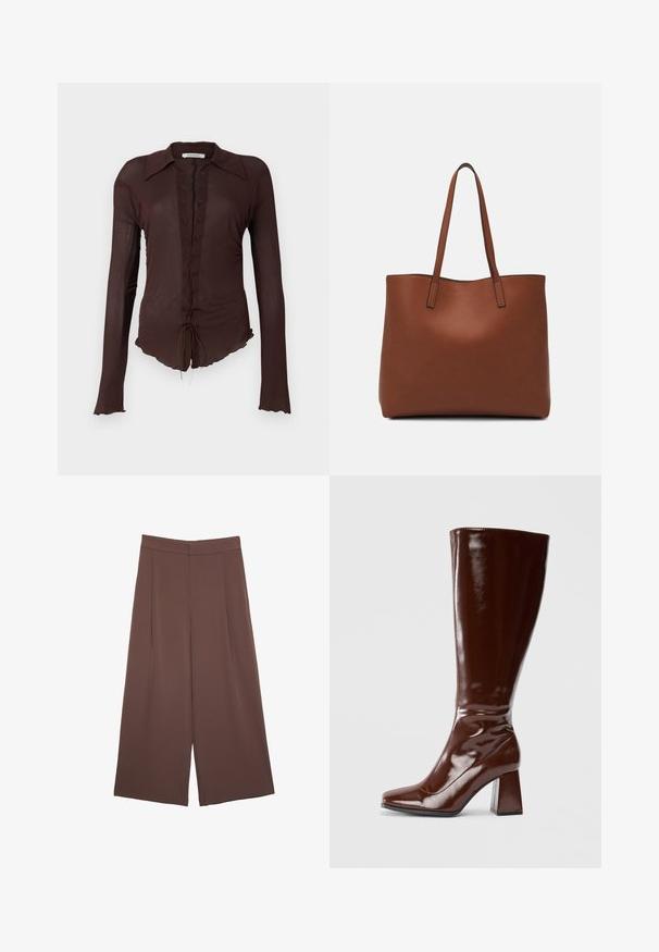Brunbluse med lange ærmer, snøring fortil, spidse krave og bølget kant. Lavet af letvægts, let gennemsigtigt materiale.; Brune bredbunde bukser med en glat tekstur, der har høj talje og plisseringer foran. Stoffet er let og falder løst.; Knæhøje brune patentlæderstøvler med firkantet tå, glansfuld finish og en kraftig hæl for stabilitet. Sømløs design uden synligt hardware.; Brun læder tote taske med en glat overflade, åben topdesign og to skulderremme. Har minimal syning og ingen synlig hardware.