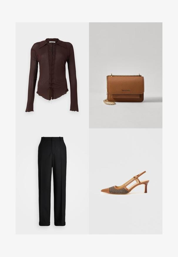 Brown long-sleeve blouse with a lace-up front, point collar, and scalloped hem. Made of lightweight, slightly sheer material.; Polo Ralph Lauren HIGH RISE RELAXED STRAIGHT TROUSER - Trousers - black; Brown leather slingback shoe with a pointed toe, featuring a dark patterned fabric panel and a stacked heel. Open sides and a smooth texture.; Brown textured leather crossbody bag with gold chain strap and flap closure. Front features logo detail and a pocket under the flap.