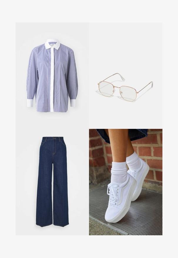 Modrá a biela vertikálne pruhovaná košeľa s bielym golierom a manžetami, s gombíkovým zapínaním a voľnými, vzdušnými rukávmi.; Džíns s vysokým pásom a širokými nohavicami, tmavomodrej farby, s prednými a zadnými vreckami, zapínaním na gombík a viditeľnými švy.; Biele plátené tenisky s gumovou podrážkou, s piatimi dierkami na šnúrky, okrúhlou špičkou a svetlými švami, doplnené o biele členkové ponožky.; Hranaté dioptrické okuliare s tenkým rámom z ružovo-zlatého kovu. Priehľadné šošovky, transparentné koncovky straníc a jemné detaily okolo šošoviek.
