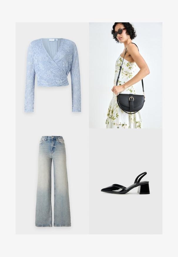 Lyseblå blondecropped topp med V-hals, lange ermer og innpakningsdesign. Har intrikate blomster mønstre og en glatt innerfôr.; Lyseblå vide jeans laget av denim, med høy midje, fem lommer og synlige sømmer langs sømmene.; Svarte patentlær slingback hæler med spiss tå og geometrisk blokk hæl. Har et stilrent, minimalistisk design og jevn tekstur.; Svart lærveske med en buet form, avtagbar stropp og gullbeslag. Vesken har et klaff med spenne-detall.